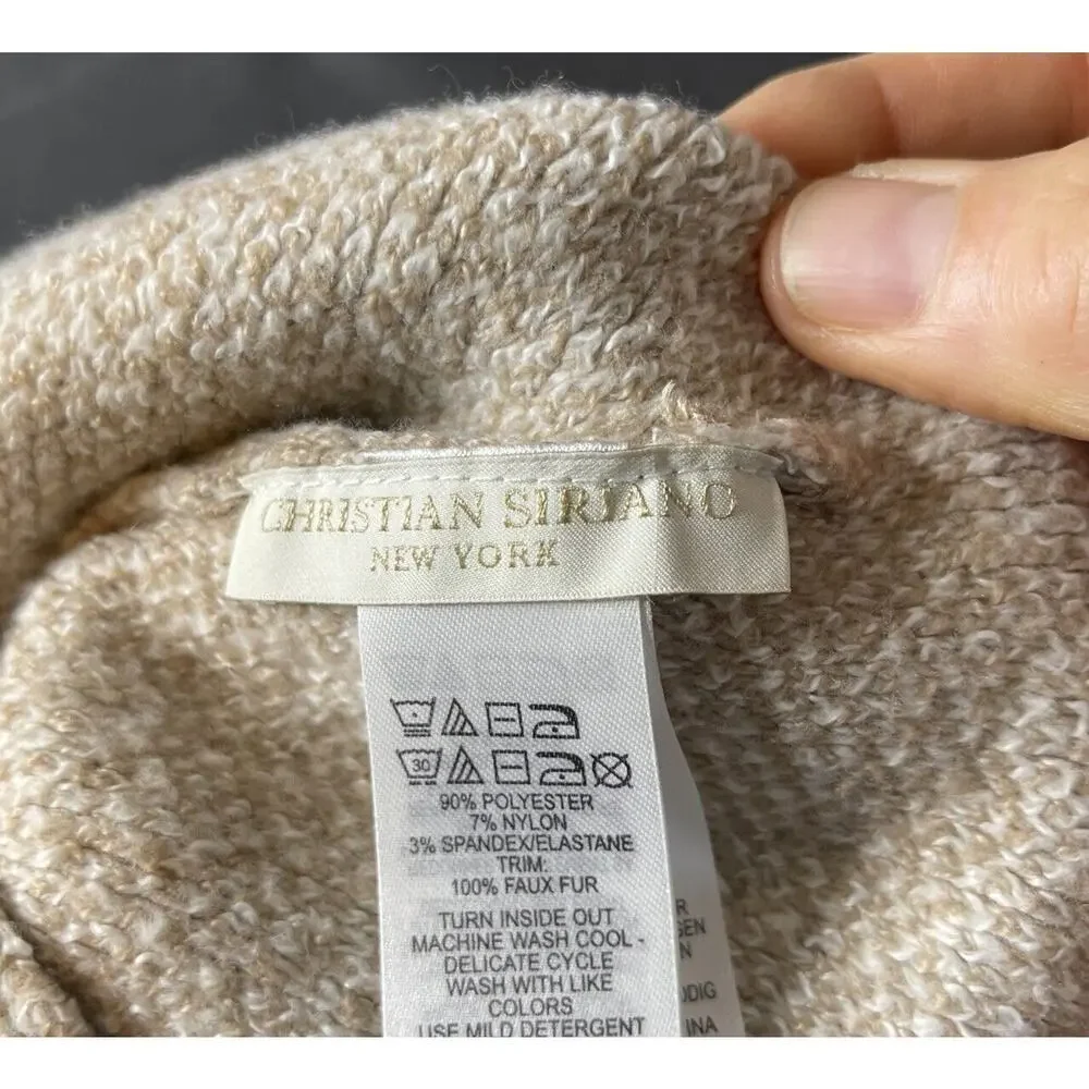 Christian Siriano Hat Beanie Women’s One‎ Size Beige White Animal Print Pom Pom